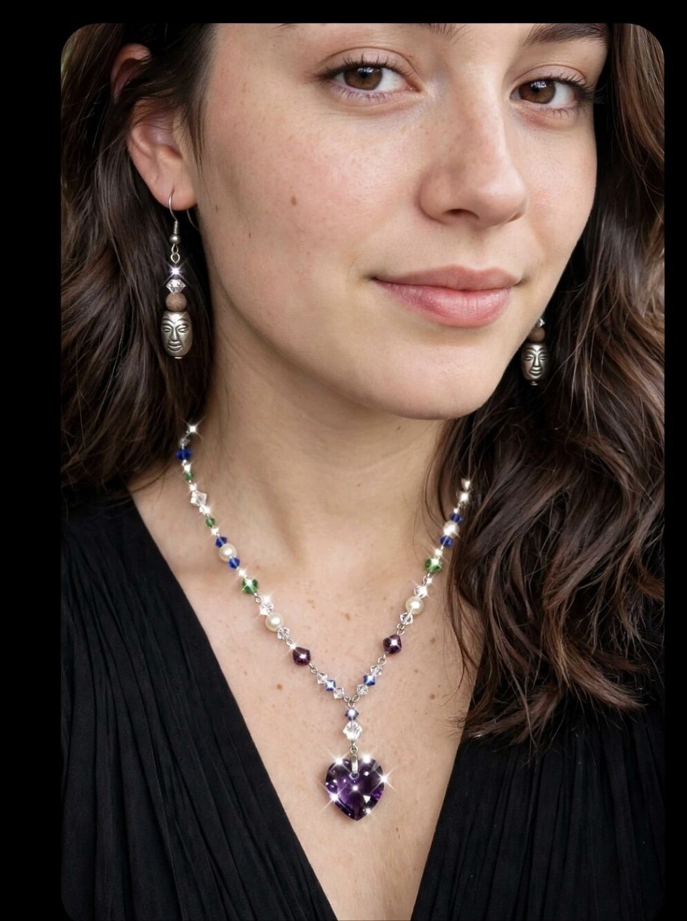 Crystal Heart Pendant Necklace with Blue and Multi-Colored Beads &Pretty Earring